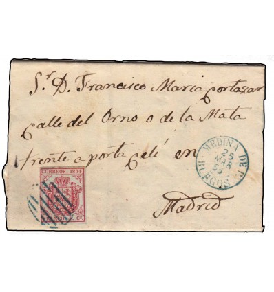 1855. Edifil 33. Carta Quintana la Cuesta (Medina de Pomar, Burgos). Parrilla azul y fechador tipo II azul.