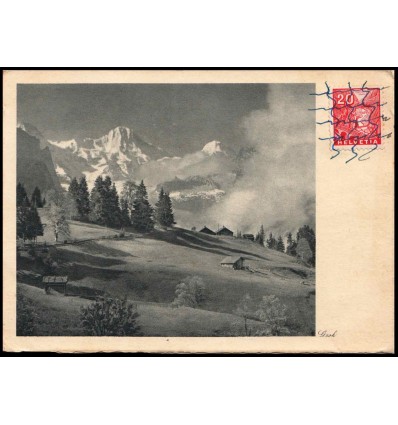 1935. Tarjeta postal Oviedo (Asturias). Suiza. Tasado. Matasello registro de entrada