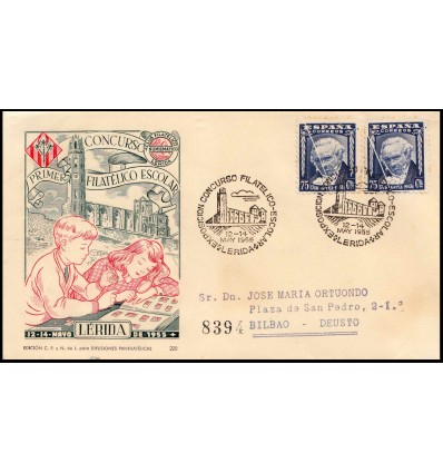 1955. Matasello conmemorativo Lérida. Cartería Bilbao. Error. Fuelle. Edifil 1007aiw