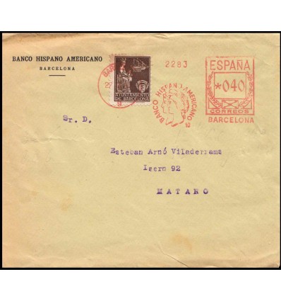 1940. Sobre Barcelona. Ayuntamiento. Franqueo mecánico Banco Hispano Americano. Edifil 23