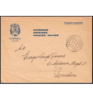 1955. Sobre Vendrell (Tarragona). Franqueo concertado. Impresos