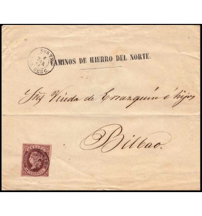 1863. Isabel II. Sobre de Caminos de Hierro Norte. Matasello ferrocarril NORTE AMB. DESC.