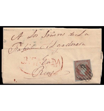1855. Isabel II. Carta La Vega (Cantabria). Marca prefilatélica ONTANEDA rojo. Parilla negra. Edifil 40
