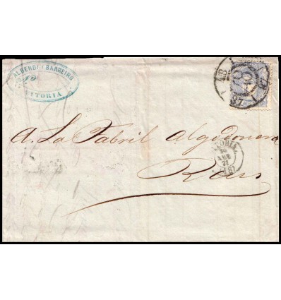 1871. Alegoría España. Carta Vitoria (Alava). Fechador Vitoria. Rueda carreta modificada. Edifil 107