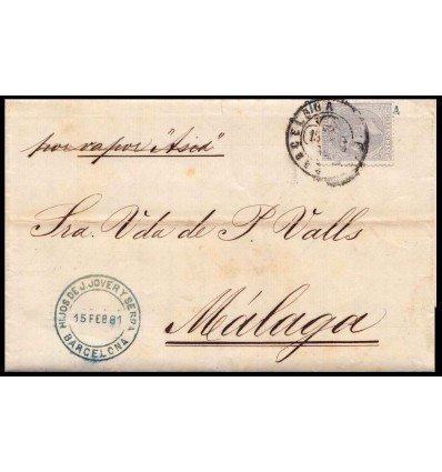 1881. Alfonso XII. Carta Manila a Málaga. Depositada en Barcelona. Fraude. Vapor Asia. Edifil 204