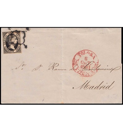 1851. Isabel II. Tolosa (Guipúzcoa). Baeza rojo y araña negra. Edifil 6