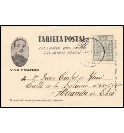 1937. Fiscal. Especial facturas y recibos. Tarjeta postal Burgos