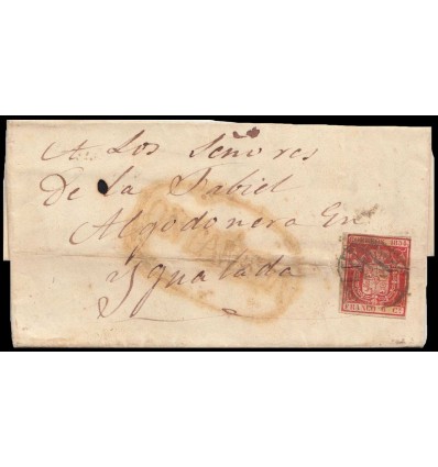 1854. Isabel II. Carta La Vega (Cantabria). Marca prefilatélica ONTANEDA rojo. Parilla negra. Edifil 40