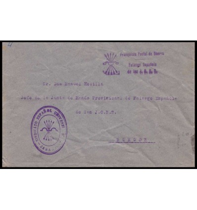 1936. Sobre Zaragoza. Sindicato Español Universitario. Falange JONS. Franquicia. Burgos