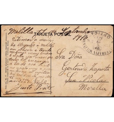 1910. Tarjeta postal Melilla. Franquicia Telegrafía Militar Óptica