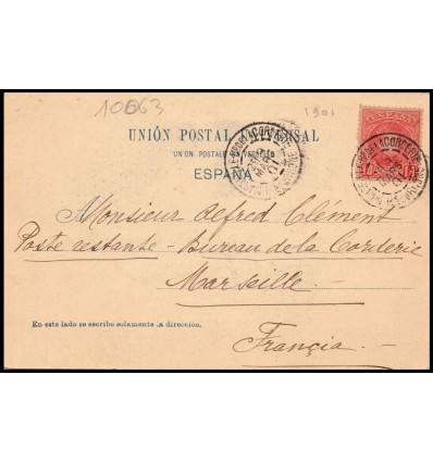 1901. Alfonso XIII. Cadete. Tarjeta postal Barcelona. Matasello extranjero Francia Marsella. Edifil 243
