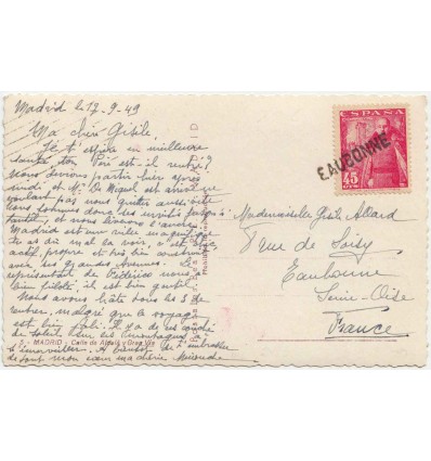 1949. Franco. Tarjeta postal Madrid. Lineal francés Eaubonne. Edifil 1028