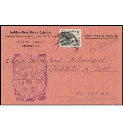 1947. Cid. Tarjeta postal Toledo. Franquicia Instituto Geográfico Catastral. Impresos. Franquicia. Edifil 918