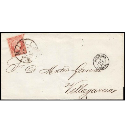 1859. Isabel II. Envuelta Santiago Compostela (Coruña). Rueda carreta 56. Edifil 48