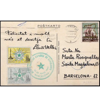 1963. Tarjeta postal XXIV Congreso Hispano Esperanto Barcelona. Viñetas esperantistas. Edifil 1514